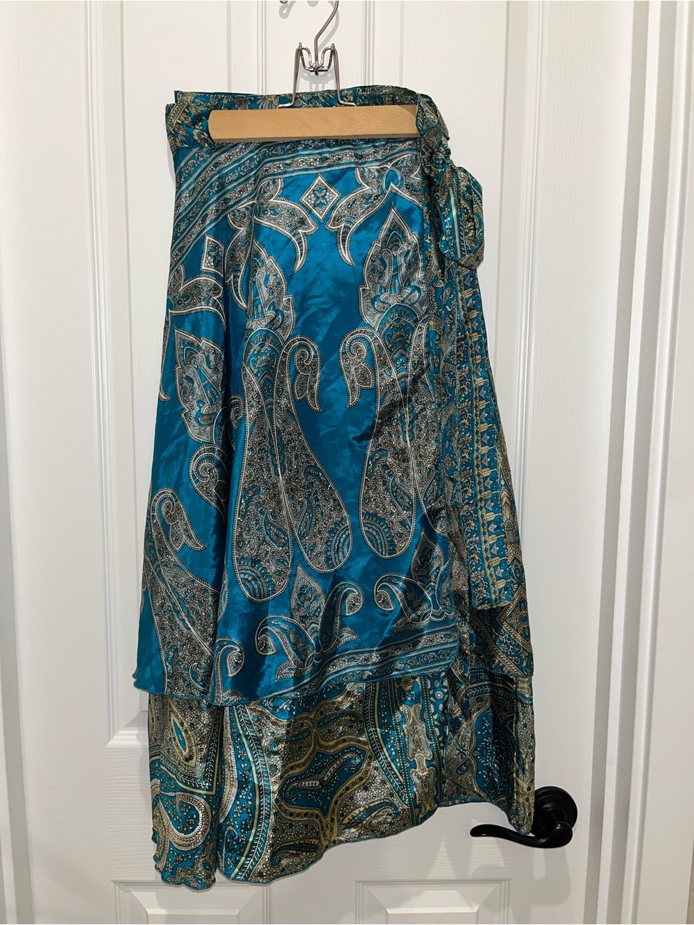 Teal Paisley Reversible Midi Skirt with Tie Waist